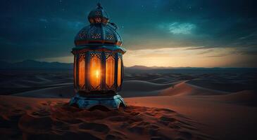 ramadan islamic lantern on desert background, in the style of romantic moonlit seascapes, blue and amber, mysterious dreamscapes, decorative paintings, Illustration photo