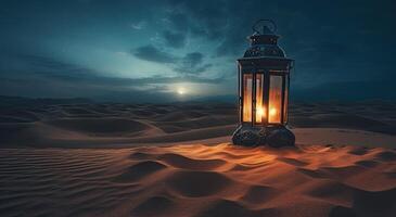 ramadan islamic lantern on desert background, in the style of romantic moonlit seascapes, blue and amber, mysterious dreamscapes, decorative paintings, Illustration photo