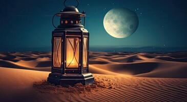 ramadan islamic lantern on desert background, in the style of romantic moonlit seascapes, blue and amber, mysterious dreamscapes, decorative paintings, Illustration photo