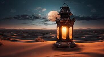 ramadan islamic lantern on desert background, in the style of romantic moonlit seascapes, blue and amber, mysterious dreamscapes, decorative paintings, Illustration photo