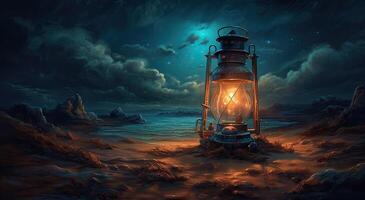 ramadan islamic lantern on desert background, in the style of romantic moonlit seascapes, blue and amber, mysterious dreamscapes, decorative paintings, Illustration photo