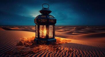 Ramadán islámico linterna en Desierto fondo, en el estilo de romántico de luna paisajes marinos, azul y ámbar, misterioso paisajes de ensueño, decorativo pinturas, ilustración generativo ai foto