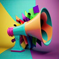 vintage retro colorful megaphone on the multicolor background. Retro megaphone on colorful background. photo