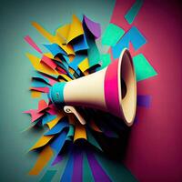 vintage retro colorful megaphone on the multicolor background. Retro megaphone on colorful background. photo