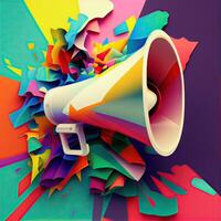 vintage retro colorful megaphone on the multicolor background. Retro megaphone on colorful background. photo