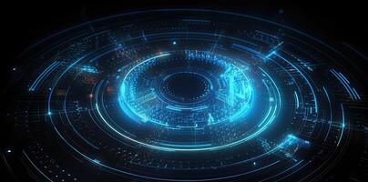 modern technology circle background or abstract image, in the style of rtx on, blueprint, circuitry, lens flare, light navy and sky-blue, Illustration photo