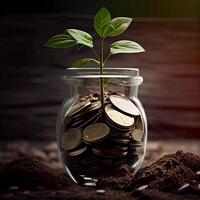 money for business investment finance and banking concept. green plant leaves growth up on row of saving coin stack on wood table. photo