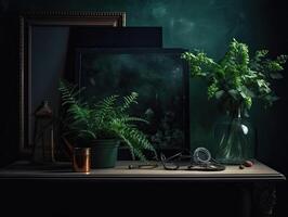 a green wall with flowers and plants behind a blank frame, in the style of poster, interior scenes, photobashing, environmentally inspired, hinchel or, industrial-inspired, Illustration Generative AI photo