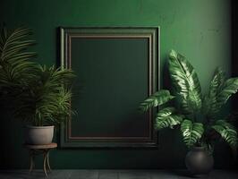 un verde pared con flores y plantas detrás un blanco marco, en el estilo de póster, interior escenas, fotografiar, ambientalmente inspirado, hinchel o, de inspiración industrial, ilustración generativo ai foto