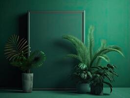 a green wall with flowers and plants behind a blank frame, in the style of poster, interior scenes, photobashing, environmentally inspired, hinchel or, industrial-inspired, Illustration photo