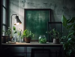 un verde pared con flores y plantas detrás un blanco marco, en el estilo de póster, interior escenas, fotografiar, ambientalmente inspirado, hinchel o, de inspiración industrial, ilustración generativo ai foto