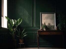 a green wall with flowers and plants behind a blank frame, in the style of poster, interior scenes, photobashing, environmentally inspired, hinchel or, industrial-inspired, Illustration photo