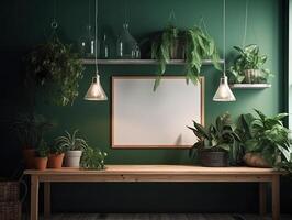 un verde pared con flores y plantas detrás un blanco marco, en el estilo de póster, interior escenas, fotografiar, ambientalmente inspirado, hinchel o, de inspiración industrial, ilustración generativo ai foto