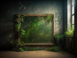 a green wall with flowers and plants behind a blank frame, in the style of poster, interior scenes, photobashing, environmentally inspired, hinchel or, industrial-inspired, Illustration photo