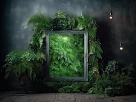 a green wall with flowers and plants behind a blank frame, in the style of poster, interior scenes, photobashing, environmentally inspired, hinchel or, industrial-inspired, Illustration photo