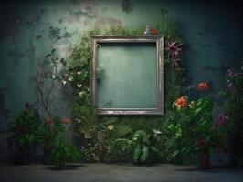un verde pared con flores y plantas detrás un blanco marco, en el estilo de póster, interior escenas, fotografiar, ambientalmente inspirado, hinchel o, de inspiración industrial, ilustración generativo ai foto