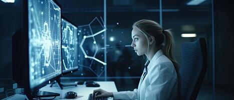 a female doctor holding some type of medical computer, in the style of organic geometric abstraction, shaped canvas, scientific diagrams, texture-rich, Illustration photo