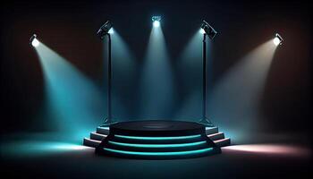 Stage podium with lighting, Stage Podium Scene with for Award. Empty pedestal for award ceremony. Platform illuminated by spotlights. photo