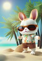 Summer illustration with illustration Cute rabbit standing with a palm tree on the beach. Cute bunny, wearing beach pants, a short-sleeved floral shirt, slippers, sun hat, sunglasses. photo