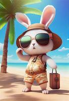 Summer illustration with illustration Cute rabbit standing with a palm tree on the beach. Cute bunny, wearing beach pants, a short-sleeved floral shirt, slippers, sun hat, sunglasses. photo