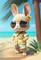 Summer illustration with illustration Cute rabbit standing with a palm tree on the beach. Cute bunny, wearing beach pants, a short-sleeved floral shirt, slippers, sun hat, sunglasses. photo