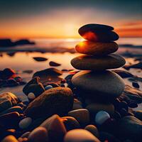 pirámide de mar guijarros en un soleado arena playa. vida equilibrar y armonía concepto. piedra, roca, balance. generativo ai. foto