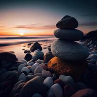 pirámide de mar guijarros en un soleado arena playa. vida equilibrar y armonía concepto. piedra, roca, balance. generativo ai. foto
