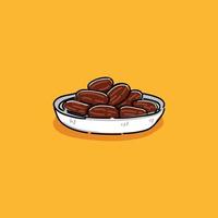 Summer tropical fruits for healthy lifestyle. Bowl of dates. Vector illustration cartoon flat icon isolated on white plate.