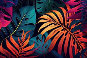 Trend seamless pattern with colorful tropical leaves and plants. illustration design. Jungle print. Floral background. Printing and textiles. Exotic tropics. Fresh design. photo