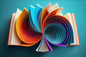 books in a colored swirl. Colorful flow book line. Realistic volume wave. photo