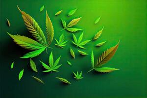 Cannabis or Marijuana background. Realistic illustration of the plant in top view on white background. Cannabis Green abstract background. . photo