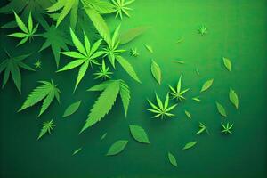 Cannabis or Marijuana background. Realistic illustration of the plant in top view on white background. Cannabis Green abstract background. . photo