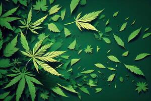 Cannabis or Marijuana background. Realistic illustration of the plant in top view on white background. Cannabis Green abstract background. . photo