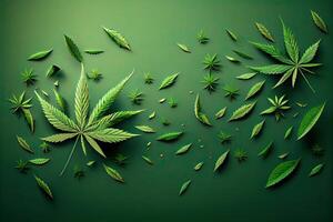 Cannabis or Marijuana background. Realistic illustration of the plant in top view on white background. Cannabis Green abstract background. . photo