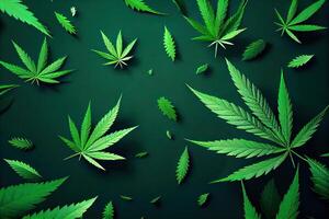 Cannabis or Marijuana background. Realistic illustration of the plant in top view on white background. Cannabis Green abstract background. . photo