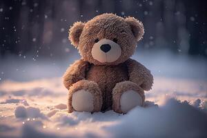 The toy bear was left in the winter at the children's playground. A cute brown bear sitting alone on the snow during winter time. photo