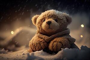 el juguete oso estaba izquierda en el invierno a el para niños patio de juegos. un linda marrón oso sentado solo en el nieve durante invierno tiempo. generativo ai foto