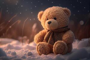 el juguete oso estaba izquierda en el invierno a el para niños patio de juegos. un linda marrón oso sentado solo en el nieve durante invierno tiempo. generativo ai foto