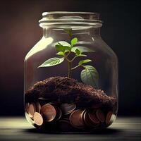 money for business investment finance and banking concept. green plant leaves growth up on row of saving coin stack on wood table. photo