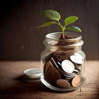 money for business investment finance and banking concept. green plant leaves growth up on row of saving coin stack on wood table. photo