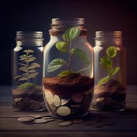 money for business investment finance and banking concept. green plant leaves growth up on row of saving coin stack on wood table. photo