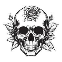 Skull With Rose Flower Black Outline Vector. Human skull with rose sketch drawing, tattoo vector illustration isolated on white background