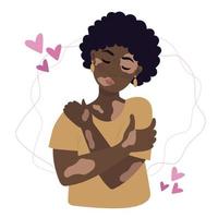 Love yourself concept, woman with albinism hugging herself, illustration in cartoon flat style vector