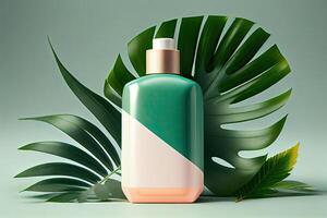 Minimal abstract cosmetic background for product presentation. Cosmetic bottle podium and green palm leaf background. 3d render illustration. . photo
