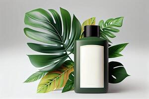 Minimal abstract cosmetic background for product presentation. Cosmetic bottle podium and green palm leaf background. 3d render illustration. . photo