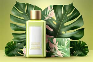 Minimal abstract cosmetic background for product presentation. Cosmetic bottle podium and green palm leaf background. 3d render illustration. . photo