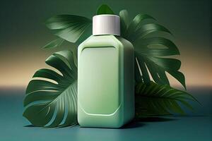 Minimal abstract cosmetic background for product presentation. Cosmetic bottle podium and green palm leaf background. 3d render illustration. . photo