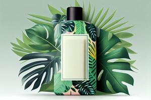 Minimal abstract cosmetic background for product presentation. Cosmetic bottle podium and green palm leaf background. 3d render illustration. . photo