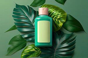 Minimal abstract cosmetic background for product presentation. Cosmetic bottle podium and green palm leaf background. 3d render illustration. . photo