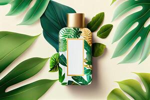 Minimal abstract cosmetic background for product presentation. Cosmetic bottle podium and green palm leaf background. 3d render illustration. . photo